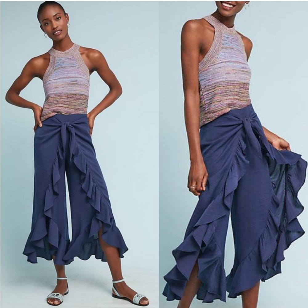 Anthropologie Navy Blue Feather Bone Ruffle pants